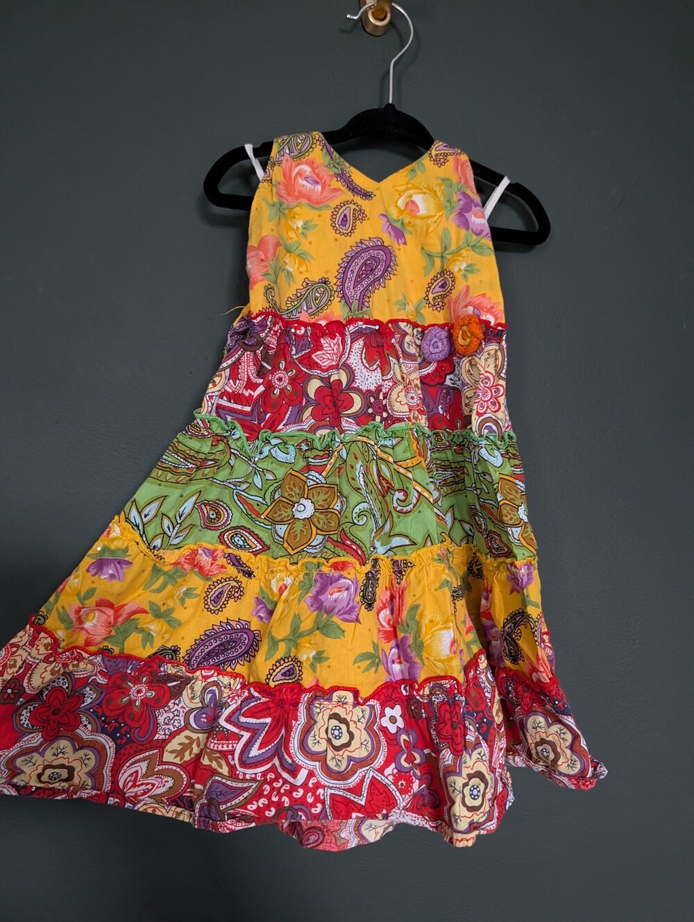 Blueberi Boulevard Girls' Yellow Multi-Color Tiered Paisley Floral Dress